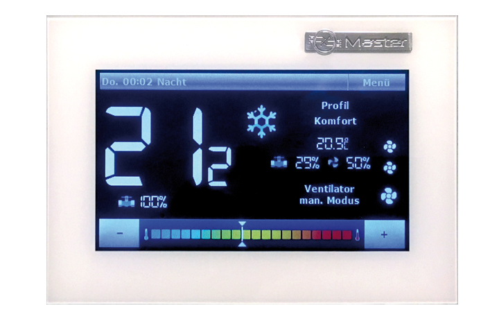 Touchscreen Raumthermostat mit 0-10 V Ausgang    für Klimageräte mit EC-Motor. Inkl. WochentimerMit digitaler Soll- und Isttemperatur-Anzeige sowieautomatischer Vent.-Drehzahleinst.  24 Volt