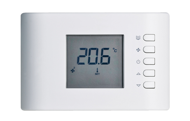 Präzisions-Raumthermostat mit digitaler Soll- und Isttemperatur-Anzeige sowieautomatischer Ventilatordrehzahlregelung